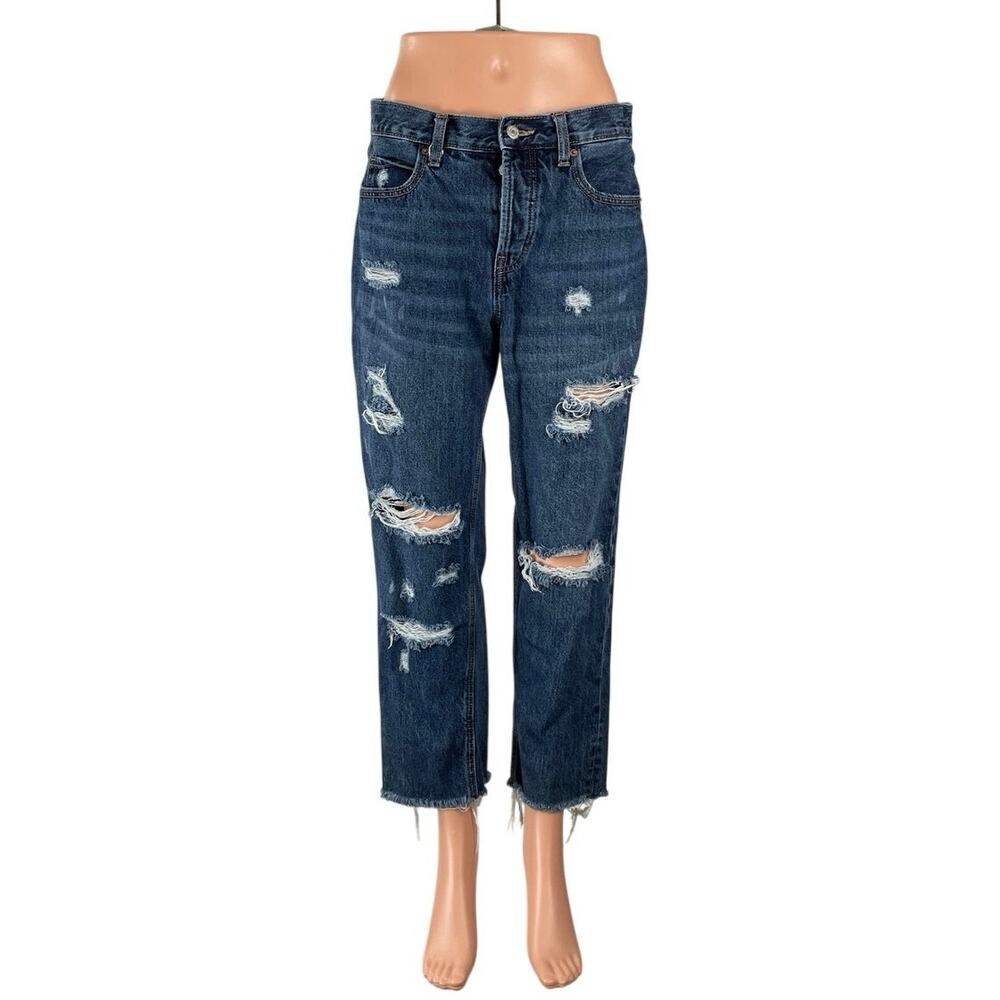 Old Navy Distressed Raw Frayed Hem Straight Dad Boyfriend Denim Jeans Pants Sz 6